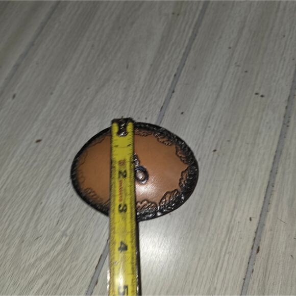 Vtg Tooled Brown Leather Motorcycle Belt Buckle Oval Embossed Western 4" Biker - Picture 4 of 5